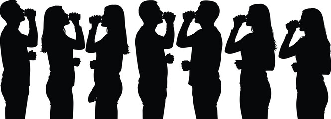 Drinking silhouette set, people with cups, bottles, side view, standing, casual pose, beverage, refreshment, lifestyle scene, vector illustration