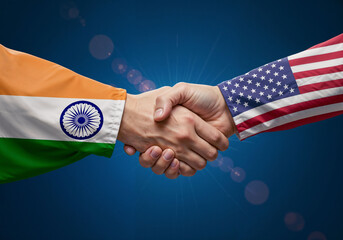 Flags handshake symbolizes international cooperation with India and USA showing diplomacy