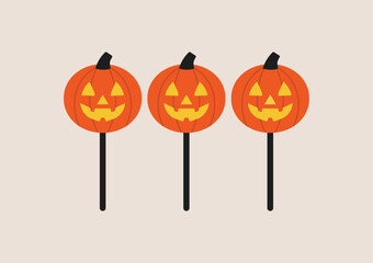 Jack o lantern pathway lights with carved pumpkin faces glowing on black poles, outdoor decoration for Halloween night celebration. Flat vector illustration