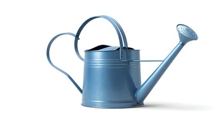 Blue metal watering can with long spout and sprinkler head dripping water on white background