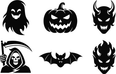 Fototapeta premium Halloween icon set, ghost, jack‑o‑lantern, demon, Grim Reaper, bat, flaming skull, spooky symbols, horror theme, vector illustration