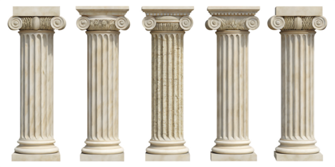Five Individual Classical Greek Ionic Columns on Background ancient architecture isolated on a transparent background