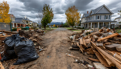 Large pile of construction debris sits on suburban driveway. Broken wood, timber, building materials mixed with two large black rubbish bags filled with rubbish. Homes in background suggest