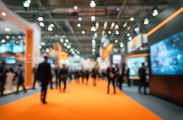 Blurred view of a bustling trade show floor with attendees walking along an orange carpet, exhibits, and bright lights