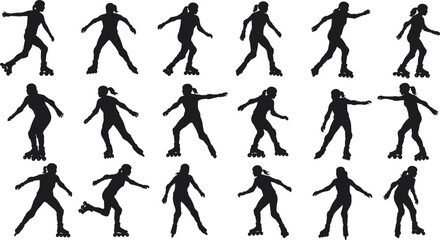 Silhouette of woman roller skating in dynamic poses, fitness exercise, outdoor sport, active lifestyle, movement, balance, health, recreation, fun, freedom.