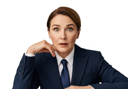 Surprised businesswoman in suit with hand on chin, shocked expression, portrait photography, isolated on transparent background