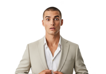 Shocked businessman in suit looking surprised, portrait of man with open mouth, reaction, isolated on transparent background