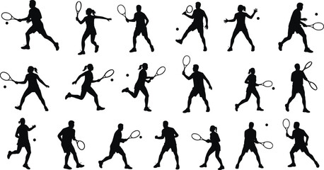 Tennis player silhouettes in action, male and female athletes with rackets and balls, dynamic sports vector icons collection