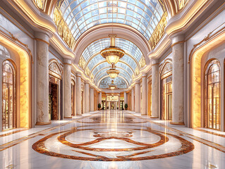 Obraz premium Luxurious Elegant Marble Hallway with Gold Accents and Glass Ceiling in Grand Hotel or Palace