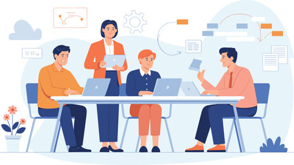 Teamwork meeting flat illustration, business team working together with laptops in office, brainstorming and collaboration vector concept.