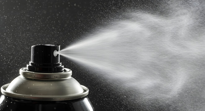 Dynamic close-up of a pressurized aerosol can nozzle dispersing a fine mist of white particles into the air against a dark background