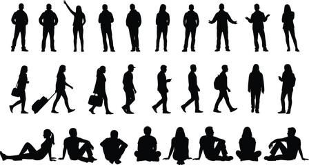 People silhouette set, standing, walking, carrying bag, pulling luggage, sitting on ground, human posture variation, body language, travel vector illustration