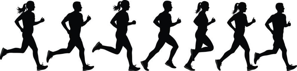 Running silhouette set, male and female runners, jogging poses, athletic stride, sports action, fitness training, motion study, vector illustration