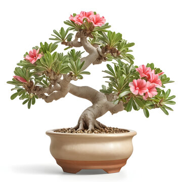Bonsai tree with twisted trunk, exposed roots, and pink desert rose flowers in shallow ceramic pot with white gravel on white background