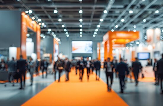 Blurred image of a bustling trade show floor with attendees walking along a vibrant orange carpet