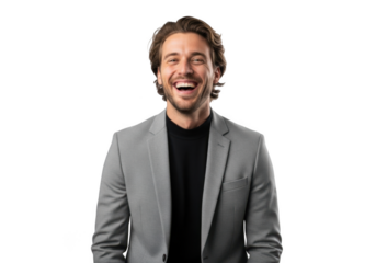 Stock photo of a handsome young man laughing in a gray suit jacket, business casual style, png image, isolated on transparent background