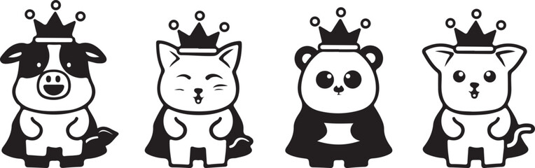 Cute Cartoon Cat and Panda Vector – Funny Animal Couple, King and Queen Characters, Doodle, Icon