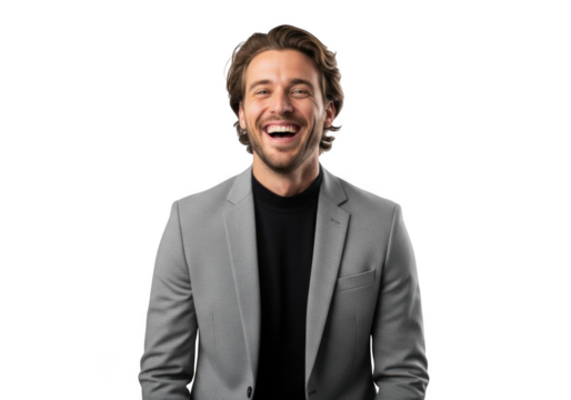 Stock photo of a handsome young man laughing in a gray suit jacket, business casual style, png image, isolated on transparent background
