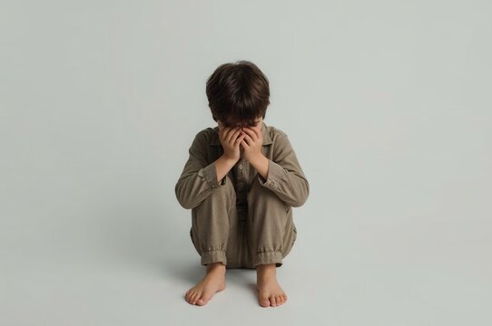 Sad boy studio shot, hiding face, grief, alone