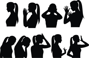 Silhouette of woman expressing emotions, gestures, hand signs, stress, communication, sadness, anxiety, fear, contemplation, drama, isolated black figure