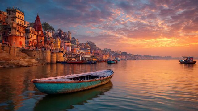 Boat on Ganges River at Sunrise in Varanasi

