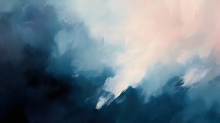 Dramatic abstract oil painting background texture expressive brushstrokes blending dark moody blue tones with soft pink white highlights creating stormy effect