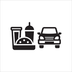 Drive thru fast food black and white illustration featuring car burger drink and fries perfect for web design and social media icons