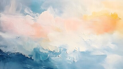 Abstract impressionist oil painting texture background soft brushstrokes blending pastel colors blue pink peach yellow creating dreamy cloudscape sky effect