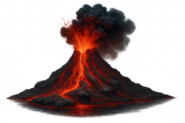 Volcanic eruption spewing glowing lava, thick smoke rising from crater, dramatic geological event revealing elemental force