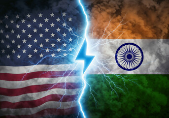 US and India flags contrasted with lightning signifying tension or competition
