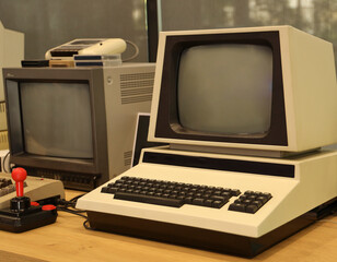 old vintage home computer monitor screen Eight-bit 8 bit computer in Museum. Joystick mouse