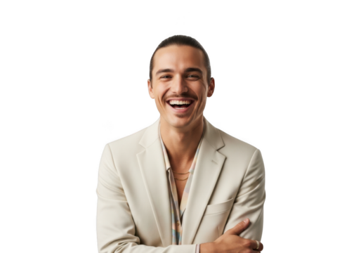 Smiling man in suit portrait, happy person, fashionable male model, handsome man laughing, isolated on transparent background