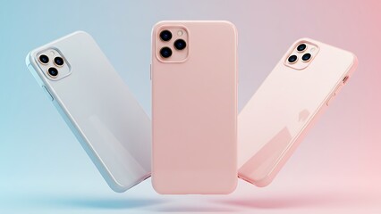Three modern smartphones with cases displayed in a studio with pink and blue lighting