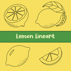 lemon vector line art | Lemon Line Drawing Clipart | Whole, Half, Slice, with Leaves