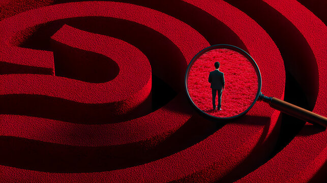Surreal collage of businessman navigating red maze under magnifying glass. Concept of talent evaluation, career pathfinding, recruitment strategies, and analytical HR tools.