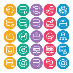 Circle color outline icons set for Data storage, server.