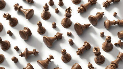 Brown chess pieces set with pawns rooks knights bishops queen and king on white surface