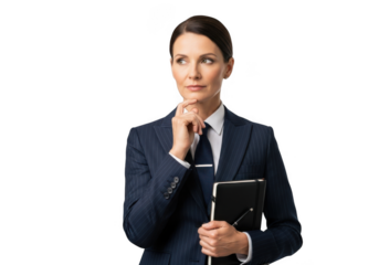 Professional businesswoman thinking holding notebook planning strategy decision making isolated on transparent background