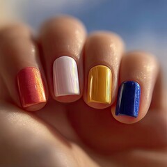 Obraz premium Closeup of Hand with Pastel Rainbow Holographic Nail Polish