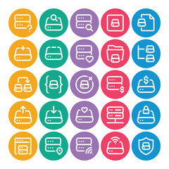 Circle color outline icons set for Data storage, server.