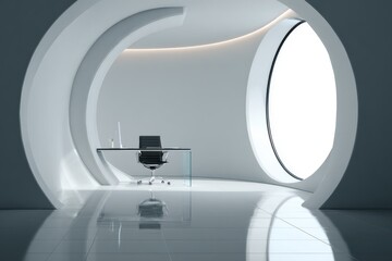 Futuristic Minimalist Office Interior Design with Circular Features and Modern Furniture Creating a Serene Workplace Atmosphere