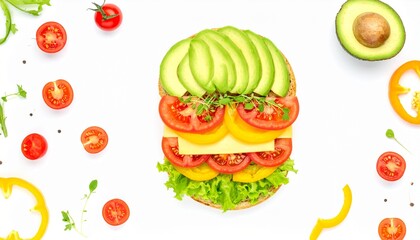 A vibrant open-faced sandwich layered with avocado, tomato, cheese, bell pepper, and lettuce on bread, surrounded by cherry tomatoes and bell pepper slices for a fresh, colorful presentation.