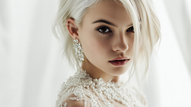 Close-up portrait of an elegant woman with stunning makeup and pearl jewelry, capturing beauty and sophistication, emphasizing fashion and glamour in a captivating manner29