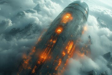 A futuristic spacecraft emerging from dense clouds, illuminated by glowing orange lights, amidst a dramatic landscape