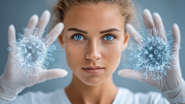 Woman Scientist Analyzing Virtual Virus Model