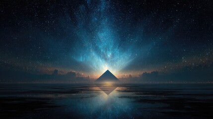 Futuristic pyramid under starry sky reflection