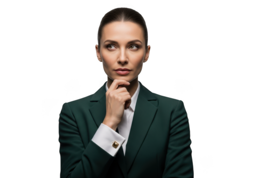 Thoughtful businesswoman in green suit looking sideways posing for success and leadership isolated on transparent background - Powered by Adobe