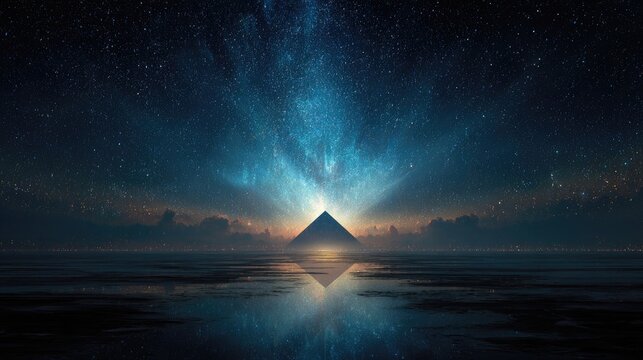Futuristic pyramid under starry sky reflection - Powered by Adobe