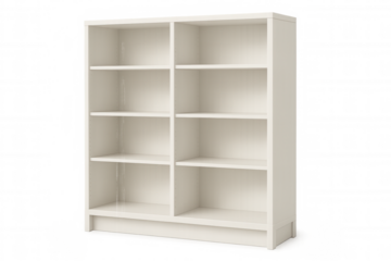 Modern white bookcase with empty shelves, perfect for displaying books and decorative objects, isolated on transparent background