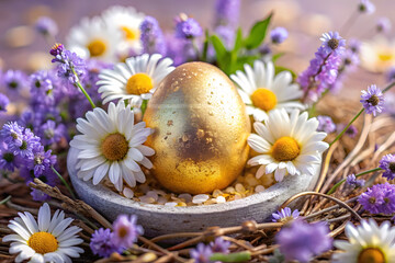 Obraz premium Golden Easter egg in a nest of daisies and lavender